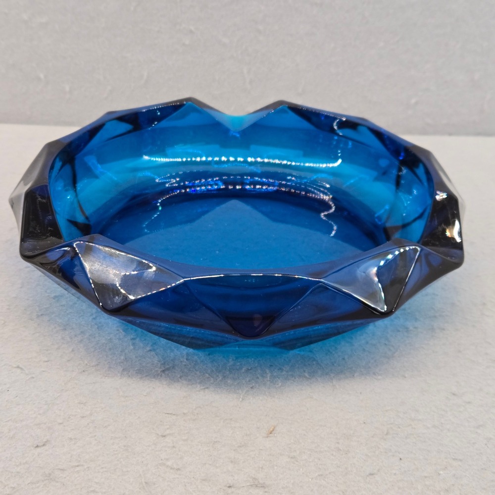 Vintage Viking Glass Bluenique Blue Diamond Point Cigar Ashtray MCM 8.5"